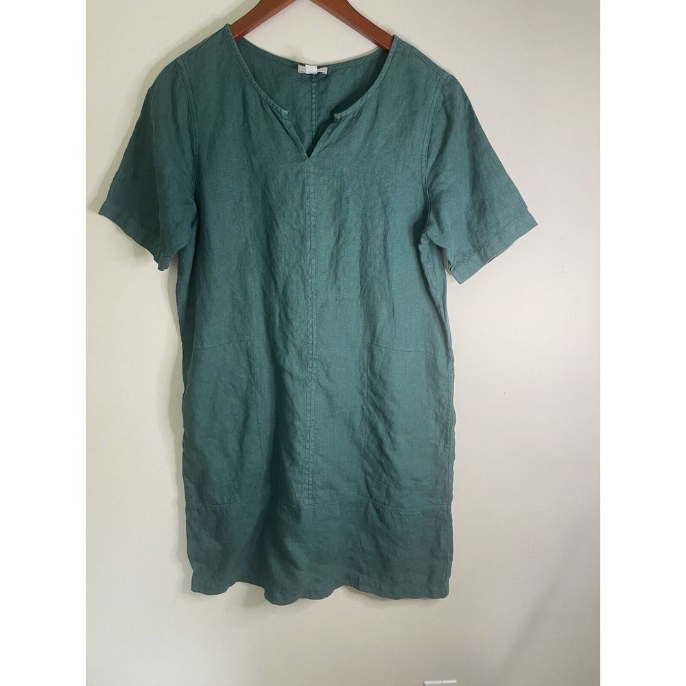 PureJill Garment Dyed Linen Dark Teal Shift Tunic Dress V- Neck Size S Lagenlook